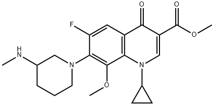 3-Quinolinecarboxylic acid, 1-cyclopropyl-6-fluoro-1,4-dihydro-8-methoxy-7-[3-(methylamino)-1-piperidinyl]-4-oxo-, methyl ester Structure