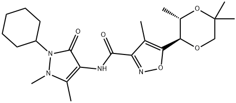 3-Isoxazolecarboxamide, N-(2-cyclohexyl-2,3-dihydro-1,5-dimethyl-3-oxo-1H-pyrazol-4-yl)-4-methyl-5-[(2R,3S)-3,5,5-trimethyl-1,4-dioxan-2-yl]- 구조식 이미지