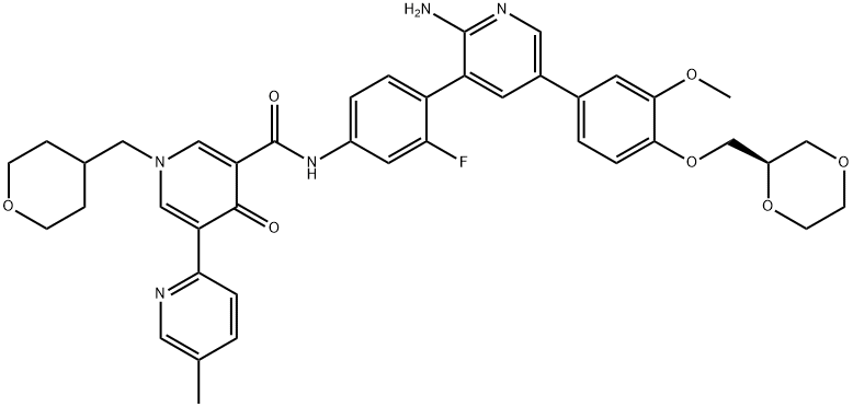 [2,3'-Bipyridine]-5'-carboxamide, N-[4-[2-amino-5-[4-[(2R)-1,4-dioxan-2-ylmethoxy]-3-methoxyphenyl]-3-pyridinyl]-3-fluorophenyl]-1',4'-dihydro-5-methyl-4'-oxo-1'-[(tetrahydro-2H-pyran-4-yl)methyl]- 구조식 이미지