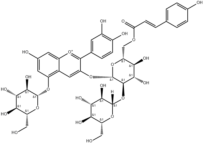 1-Benzopyrylium, 2-(3,4-dihydroxyphenyl)-3-[[2-O-β-D-glucopyranosyl-6-O-[(2E)-3-(4-hydroxyphenyl)-1-oxo-2-propen-1-yl]-β-D-glucopyranosyl]oxy]-5-(β-D-glucopyranosyloxy)-7-hydroxy- Structure