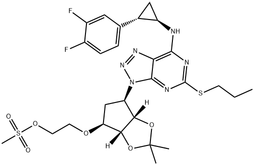 Ethanol, 2-[[(3aR,4S,6R,6aS)-6-[7-[[(1R,2S)-2-(3,4-difluorophenyl)cyclopropyl]amino]-5-(propylthio)-3H-1,2,3-triazolo[4,5-d]pyrimidin-3-yl]tetrahydro-2,2-dimethyl-4H-cyclopenta-1,3-dioxol-4-yl]oxy]-, 1-methanesulfonate Structure