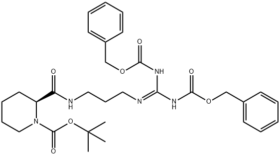 1-Piperidinecarboxylic acid, 2-[[[3-[[bis[[(phenylmethoxy)carbonyl]amino]methylene]amino]propyl]amino]carbonyl]-, 1,1-dimethylethyl ester, (2S)- Structure