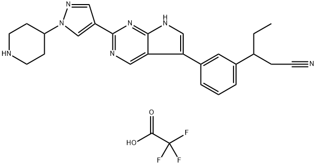 Benzenepropanenitrile, β-ethyl-3-[2-[1-(4-piperidinyl)-1H-pyrazol-4-yl]-7H-pyrrolo[2,3-d]pyrimidin-5-yl]-, 2,2,2-trifluoroacetate (1:1) Structure