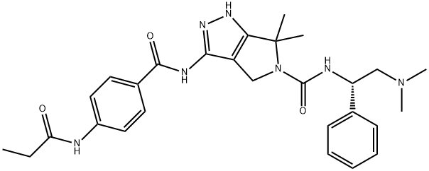 Pyrrolo[3,4-c]pyrazole-5(1H)-carboxamide, N-[(1S)-2-(dimethylamino)-1-phenylethyl]-4,6-dihydro-6,6-dimethyl-3-[[4-[(1-oxopropyl)amino]benzoyl]amino]- Structure