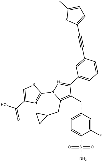 4-Thiazolecarboxylic acid, 2-[4-[[4-(aminosulfonyl)-3-fluorophenyl]methyl]-5-(cyclopropylmethyl)-3-[3-[2-(5-methyl-2-thienyl)ethynyl]phenyl]-1H-pyrazol-1-yl]- Structure