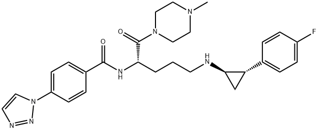 Benzamide, N-[(1S)-4-[[(1R,2S)-2-(4-fluorophenyl)cyclopropyl]amino]-1-[(4-methyl-1-piperazinyl)carbonyl]butyl]-4-(1H-1,2,3-triazol-1-yl)- 구조식 이미지