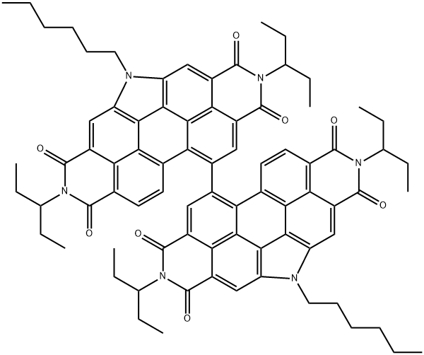 [11,11'-Bi-1H-pyrrolo[2',3',4',5':4,5]phenanthro[2,1,10-def:7,8,9-d'e'f']diisoquinoline]-1,1',3,3',7,7',9,9'(2H,2'H,5H,5'H,8H,8'H)-octone, 2,2',8,8'-tetrakis(1-ethylpropyl)-5,5'-dihexyl- Structure