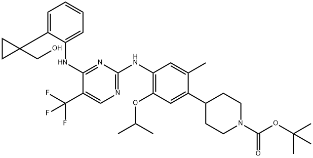 1-Piperidinecarboxylic acid, 4-[4-[[4-[[2-[1-(hydroxymethyl)cyclopropyl]phenyl]amino]-5-(trifluoromethyl)-2-pyrimidinyl]amino]-2-methyl-5-(1-methylethoxy)phenyl]-, 1,1-dimethylethyl ester Structure