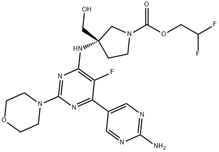 1-Pyrrolidinecarboxylic acid, 3-[[2'-amino-5-fluoro-2-(4-morpholinyl)[4,5'-bipyrimidin]-6-yl]amino]-3-(hydroxymethyl)-, 2,2-difluoroethyl ester, (3S)- Structure