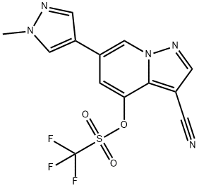 Methanesulfonic acid, 1,1,1-trifluoro-, 3-cyano-6-(1-methyl-1H-pyrazol-4-yl)pyrazolo[1,5-a]pyridin-4-yl ester Structure