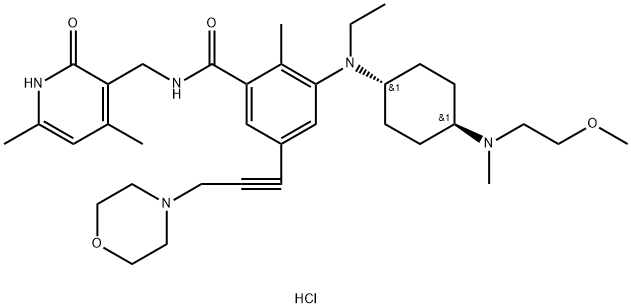 Benzamide, N-[(1,2-dihydro-4,6-dimethyl-2-oxo-3-pyridinyl)methyl]-3-[ethyl[trans-4-[(2-methoxyethyl)methylamino]cyclohexyl]amino]-2-methyl-5-[3-(4-morpholinyl)-1-propyn-1-yl]-, hydrochloride (1:1) 구조식 이미지