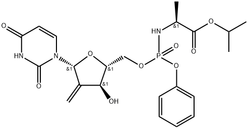 (2S)-isopropyl-2-(((((2R,3S,5R)-5-(2,4-dioxo-3,4-dihydropyrimidin-1(2H)-yl)-3-hydroxy-4-methylenetetrahydrofuran-2-yl)methoxy(phenoxy)phosphoryl)amino)propanoate 구조식 이미지