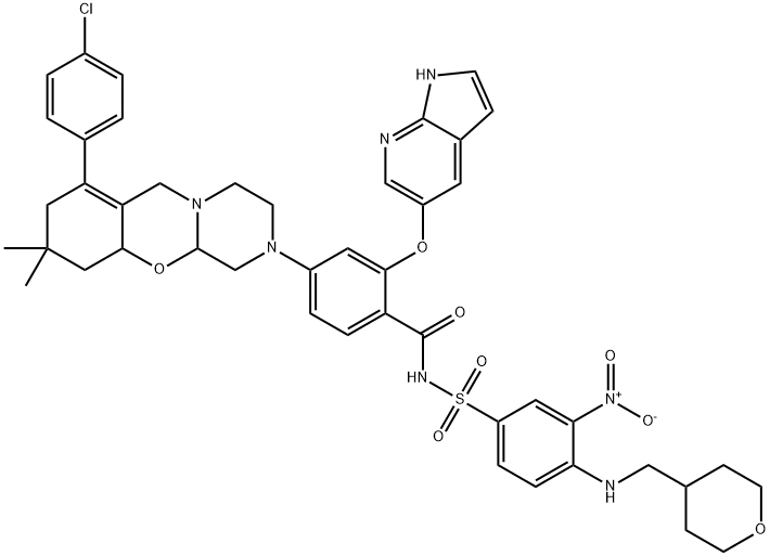 Benzamide, 4-[7-(4-chlorophenyl)-1,3,4,8,9,10,10a,11a-octahydro-9,9-dimethyl-2H,6H-pyrazino[2,1-b][1,3]benzoxazin-2-yl]-N-[[3-nitro-4-[[(tetrahydro-2H-pyran-4-yl)methyl]amino]phenyl]sulfonyl]-2-(1H-pyrrolo[2,3-b]pyridin-5-yloxy)- Structure