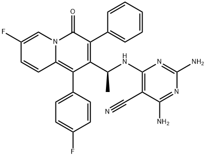 5-Pyrimidinecarbonitrile, 2,4-diamino-6-[[(1S)-1-[7-fluoro-1-(4-fluorophenyl)-4-oxo-3-phenyl-4H-quinolizin-2-yl]ethyl]amino]- Structure