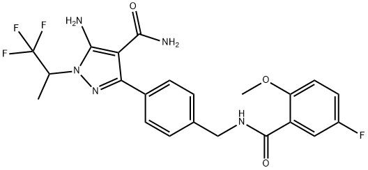 1H-Pyrazole-4-carboxamide, 5-amino-3-[4-[[(5-fluoro-2-methoxybenzoyl)amino]methyl]phenyl]-1-(2,2,2-trifluoro-1-methylethyl)- Structure