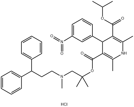 3,5-Pyridinedicarboxylic acid, 1,4-dihydro-2,6-dimethyl-4-(3-nitrophenyl)-, 3-[2-[(3,3-diphenylpropyl)methylamino]-1,1-dimethylethyl] 5-(1-methylethyl) ester, hydrochloride (1:1) Structure