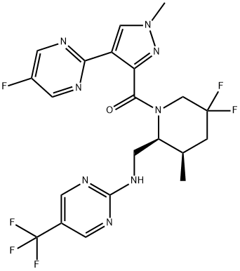 Methanone, [(2S,3R)-5,5-difluoro-3-methyl-2-[[[5-(trifluoromethyl)-2-pyrimidinyl]amino]methyl]-1-piperidinyl][4-(5-fluoro-2-pyrimidinyl)-1-methyl-1H-pyrazol-3-yl]- Structure