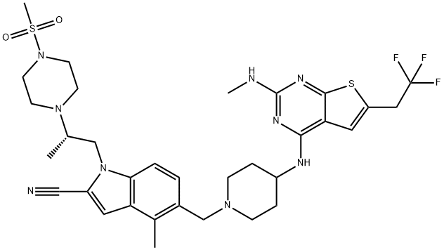 1H-Indole-2-carbonitrile, 4-methyl-5-[[4-[[2-(methylamino)-6-(2,2,2-trifluoroethyl)thieno[2,3-d]pyrimidin-4-yl]amino]-1-piperidinyl]methyl]-1-[(2S)-2-[4-(methylsulfonyl)-1-piperazinyl]propyl]- Structure