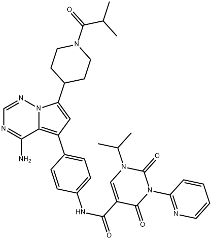 5-Pyrimidinecarboxamide, N-[4-[4-amino-7-[1-(2-methyl-1-oxopropyl)-4-piperidinyl]pyrrolo[2,1-f][1,2,4]triazin-5-yl]phenyl]-1,2,3,4-tetrahydro-1-(1-methylethyl)-2,4-dioxo-3-(2-pyridinyl)- Structure