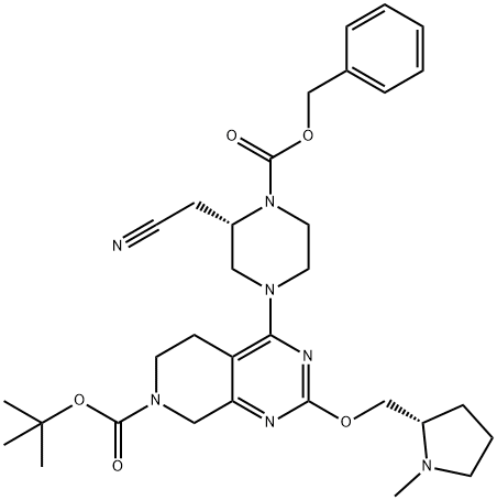 Pyrido[3,4-d]pyrimidine-7(6H)-carboxylic acid, 4-[(3S)-3-(cyanomethyl)-4-[(phenylmethoxy)carbonyl]-1-piperazinyl]-5,8-dihydro-2-[[(2S)-1-methyl-2-pyrrolidinyl]methoxy]-, 1,1-dimethylethyl ester 구조식 이미지