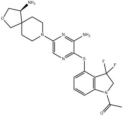 Ethanone, 1-[4-[[3-amino-5-[(4S)-4-amino-2-oxa-8-azaspiro[4.5]dec-8-yl]-2-pyrazinyl]thio]-3,3-difluoro-2,3-dihydro-1H-indol-1-yl]- Structure