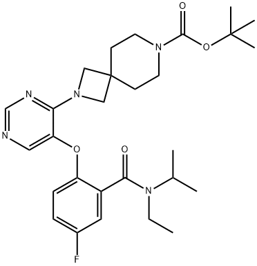 2,7-Diazaspiro[3.5]nonane-7-carboxylic acid, 2-[5-[2-[[ethyl(1-methylethyl)amino]carbonyl]-4-fluorophenoxy]-4-pyrimidinyl]-, 1,1-dimethylethyl ester Structure