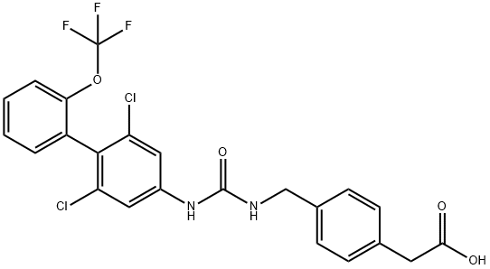 Benzeneacetic acid, 4-[[[[[2,6-dichloro-2'-(trifluoromethoxy)[1,1'-biphenyl]-4-yl]amino]carbonyl]amino]methyl]- Structure