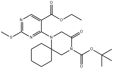 1,4-Diazaspiro[5.5]undecane-4-carboxylic acid, 1-[5-(ethoxycarbonyl)-2-(methylthio)-4-pyrimidinyl]-3-oxo-, 1,1-dimethylethyl ester 구조식 이미지