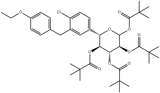 L-Xylopyranose, 5-C-[4-chloro-3-[(4-ethoxyphenyl)methyl]phenyl]-, 1,2,3,4-tetrakis(2,2-dimethylpropanoate), (5S)- Structure