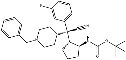 tert-Butyl ((1S,2R)-2-((S)-(1-benzylpiperidin-4-yl)(cyano)(3-fluorophenyl)methyl)cyclopentyl)carbamate Structure