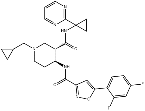 3-Piperidinecarboxamide, 1-(cyclopropylmethyl)-4-[[[5-(2,4-difluorophenyl)-3-isoxazolyl]carbonyl]amino]-N-[1-(2-pyrimidinyl)cyclopropyl]-, (3S,4S)- 구조식 이미지