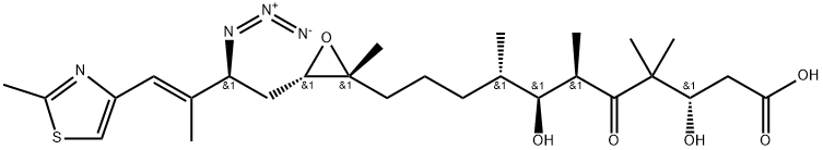 2-Oxiraneundecanoic acid, 3-[(2S,3E)-2-azido-3-methyl-4-(2-methyl-4-thiazolyl)-3-buten-1-yl]-β,ζ-dihydroxy-γ,γ,ε,η,2-pentamethyl-δ-oxo-, (βS,εR,ζS,ηS,2R,3S)- 구조식 이미지