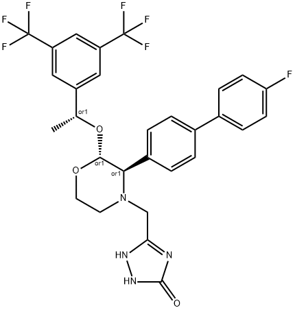 3H-1,2,4-Triazol-3-one, 5-[[(2R,3R)-2-[(1R)-1-[3,5-bis(trifluoromethyl)phenyl]ethoxy]-3-(4'-fluoro[1,1'-biphenyl]-4-yl)-4-morpholinyl]methyl]-1,2-dihydro-, rel- Structure
