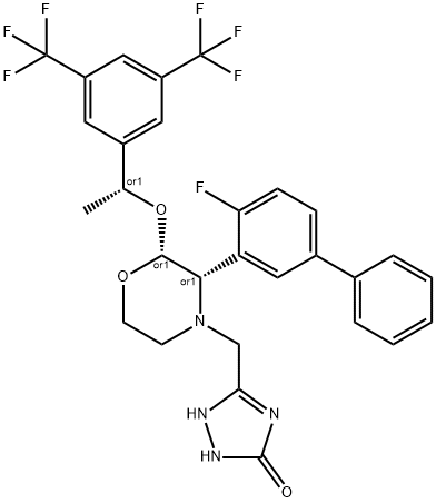 3H-1,2,4-Triazol-3-one, 5-[[(2R,3S)-2-[(1R)-1-[3,5-bis(trifluoromethyl)phenyl]ethoxy]-3-(4-fluoro[1,1'-biphenyl]-3-yl)-4-morpholinyl]methyl]-1,2-dihydro-, rel- Structure