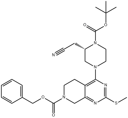 Pyrido[3,4-d]pyrimidine-7(6H)-carboxylic acid, 4-[(3S)-3-(cyanomethyl)-4-[(1,1-dimethylethoxy)carbonyl]-1-piperazinyl]-5,8-dihydro-2-(methylthio)-, phenylmethyl ester Structure