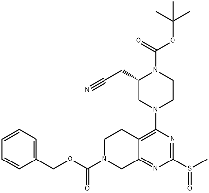 Pyrido[3,4-d]pyrimidine-7(6H)-carboxylic acid, 4-[(3S)-3-(cyanomethyl)-4-[(1,1-dimethylethoxy)carbonyl]-1-piperazinyl]-5,8-dihydro-2-(methylsulfinyl)-, phenylmethyl ester Structure