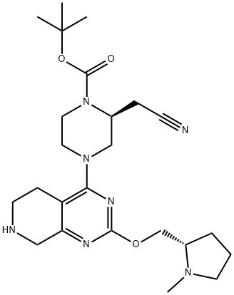 1-Piperazinecarboxylic acid, 2-(cyanomethyl)-4-[5,6,7,8-tetrahydro-2-[[(2S)-1-methyl-2-pyrrolidinyl]methoxy]pyrido[3,4-d]pyrimidin-4-yl]-, 1,1-dimethylethyl ester, (2S)- 구조식 이미지