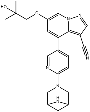 Pyrazolo[1,5-a]pyridine-3-carbonitrile, 4-[6-(3,6-diazabicyclo[3.1.1]hept-3-yl)-3-pyridinyl]-6-(2-hydroxy-2-methylpropoxy)- Structure