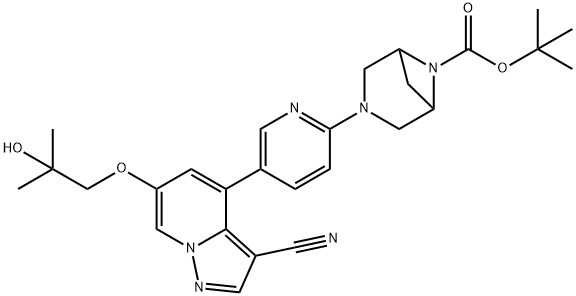 3,6-Diazabicyclo[3.1.1]heptane-6-carboxylic acid, 3-[5-[3-cyano-6-(2-hydroxy-2-methylpropoxy)pyrazolo[1,5-a]pyridin-4-yl]-2-pyridinyl]-, 1,1-dimethylethyl ester Structure