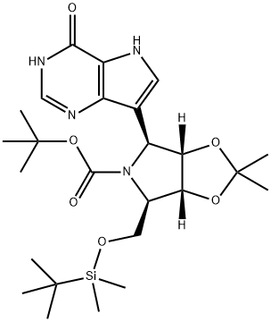 5H-1,3-Dioxolo4,5-cpyrrole-5-carboxylic acid, 4-(4,5-dihydro-4-oxo-1H-pyrrolo3,2-dpyrimidin-7-yl)-6-(1,1-dimethylethyl)dimethylsilyloxymethyltetrahydro-2,2-dimethyl-, 1,1-dimethylethyl ester, (3aS,4S,6R,6aR)- Structure