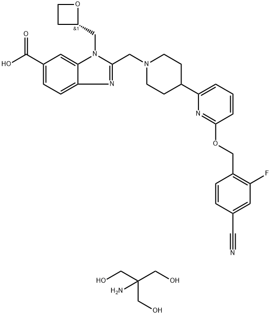 2-amino-2-(hydroxymethyl)propane-1,3-diol (S)-2-((4-(6-((4-cyano-2-fluorobenzyl)oxy)pyridin-2-yl)piperidin-1-yl)methyl)-1-(oxetan-2-ylmethyl)-1H-benzo[d]imidazole-6-carboxylate 구조식 이미지