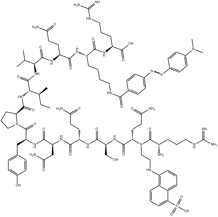 L-Arginine, L-arginyl-N-[2-[(5-sulfo-1-naphthalenyl)amino]ethyl]-L-glutaminyl-L-seryl-L-glutaminyl-L-asparaginyl-L-tyrosyl-L-prolyl-L-isoleucyl-L-valyl-L-glutaminyl-N6-[4-[2-[4-(dimethylamino)phenyl]diazenyl]benzoyl]-L-lysyl- Structure