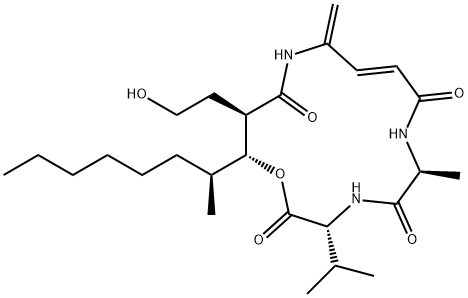 1-Oxa-4,7,12-triazacyclopentadec-9-ene-2,5,8,13-tetrone, 14-(2-hydroxyethyl)-6-methyl-11-methylene-3-(1-methylethyl)-15-[(1S)-1-methylheptyl]-, (3R,6S,9E,14R,15R)- Structure