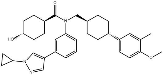 Cyclohexanecarboxamide, N-[3-(1-cyclopropyl-1H-pyrazol-4-yl)phenyl]-4-hydroxy-N-[[trans-4-(4-methoxy-3-methylphenyl)cyclohexyl]methyl]-, trans- 구조식 이미지