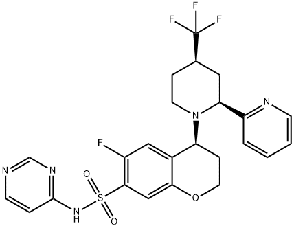 2H-1-Benzopyran-7-sulfonamide, 6-fluoro-3,4-dihydro-4-[(2S,4R)-2-(2-pyridinyl)-4-(trifluoromethyl)-1-piperidinyl]-N-4-pyrimidinyl-, (4S)- Structure