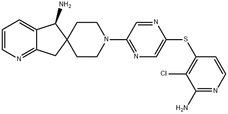 Spiro[6H-cyclopenta[b]pyridine-6,4'-piperidin]-5-amine, 1'-[5-[(2-amino-3-chloro-4-pyridinyl)thio]-2-pyrazinyl]-5,7-dihydro-, (5S)- Structure