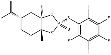 1,3,2-Benzoxathiaphosphole, hexahydro-3a-methyl-6-(1-methylethenyl)-2-[(2,3,4,5,6-pentafluorophenyl)thio]-, 2-sulfide, (2R,3aR,6S,7aR)- Structure