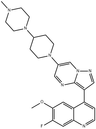 Quinoline, 7-fluoro-6-methoxy-4-[6-[4-(4-methyl-1-piperazinyl)-1-piperidinyl]pyrazolo[1,5-a]pyrimidin-3-yl]- Structure