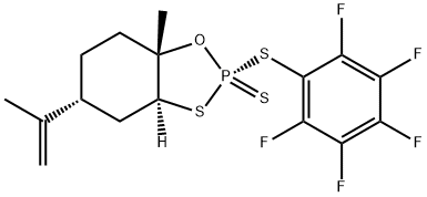 1,3,2-Benzoxathiaphosphole, hexahydro-7a-methyl-5-(1-methylethenyl)-2-[(2,3,4,5,6-pentafluorophenyl)thio]-, 2-sulfide, (2R,3aS,5R,7aS)- Structure