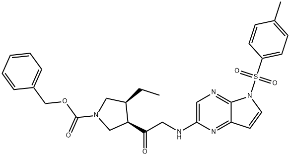 1-Pyrrolidinecarboxylic acid, 3-ethyl-4-[2-[[5-[(4-methylphenyl)sulfonyl]-5H-pyrrolo[2,3-b]pyrazin-2-yl]amino]acetyl]-, phenylmethyl ester, (3S,4R)- Structure